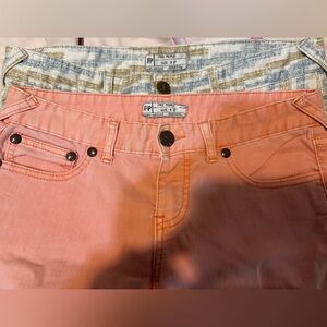 2x Size 27 free people ankle zip jeans, coral and green-white-brown ikat pattern